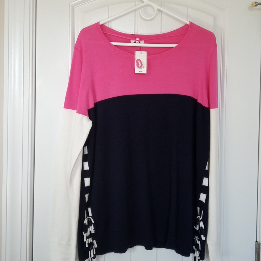 Crown & Ivy Knit Colorblock Sweater XL Blue Pink Slimming NWT
